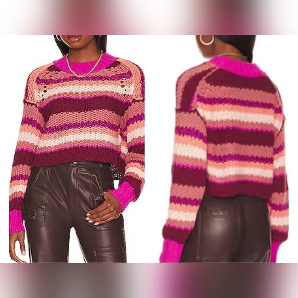 Free People Devon Open Knit Long Sleeve Chunky Oversized Sweater SMALL Fuchsia